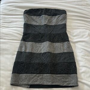 Bebe Black and Silver Sequin Strapless Cocktail Dress